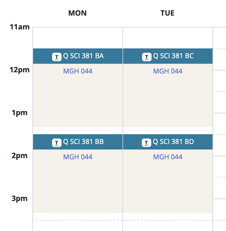 Showing lab on calendar Monday and Tuesday